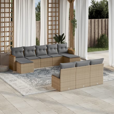 vidaXL - 10-delige - Loungeset - met - kussens - poly - rattan - gemengd - beige