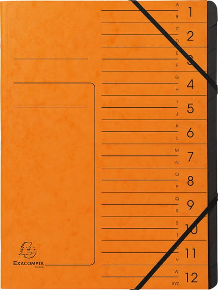 Exacompta 10x Sorteermap met vaste rug - elastosluiting - zwarte binnenafwerking - 12 vakken - A4 - Oranje - 541204E
