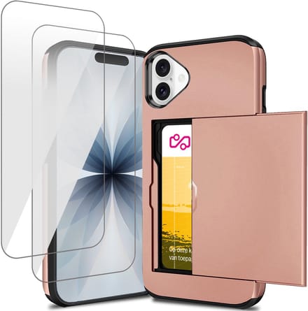 Hoesje met Pasjeshouder geschikt voor iPhone 17 - 2x Screen Protector GlassGuard - Back Cover SlideCase Roségoud & Screenprotector