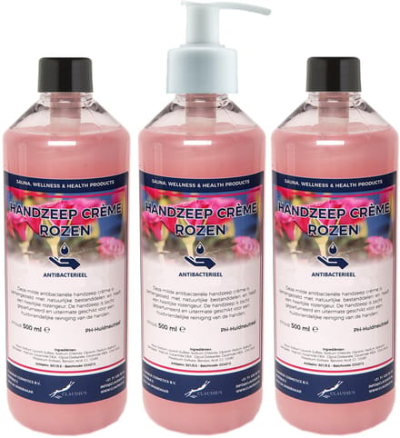 Handzeep Crème Rozen 500 ml - set van 3 stuks - met gratis pomp - Voordeelverpakking