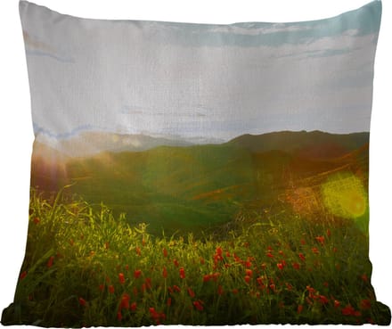 Buitenkussen - Heuvels - Zonsondergang - Gras - Groen - 45x45 cm - Weerbestendig