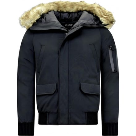 Heren Winterjassen - Gewatteerde Jassen - Korte Heren Winterjas - Met Faux Bontkraag - 8821 - Zwarte Jas