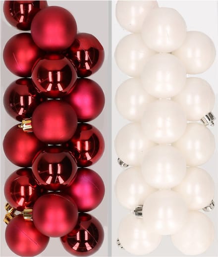 32x stuks kunststof kerstballen mix van donkerrood en wit 4 cm - Kerstversiering