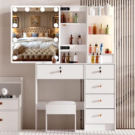 Make-uptafel Met Verlichting en Instelbare Helderheid, 6 Laden en Planken, Wit