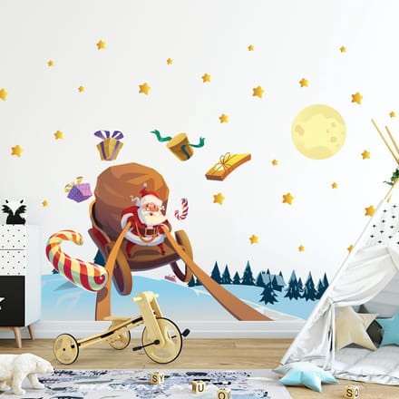 Kerststicker: Kerstman op zoek naar cadeaus - Kerststickers - feestdecoraties - 90x135cm