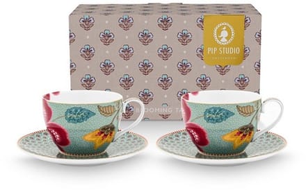 Pip studio - Kop en schotel blauw - Elegante bloemen - Luxe geschenkdoos
