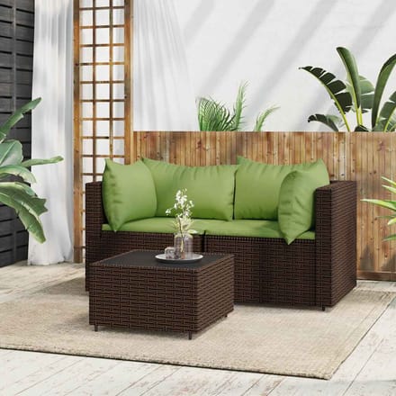 vidaXL - 3-delige - Loungeset - met - kussens - poly - rattan - bruin
