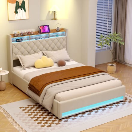 MIVRAY Gestoffeerd Bed 160×200 - Opbergruimte Met USB Poort En LED Verlichting - Fluweel Beige