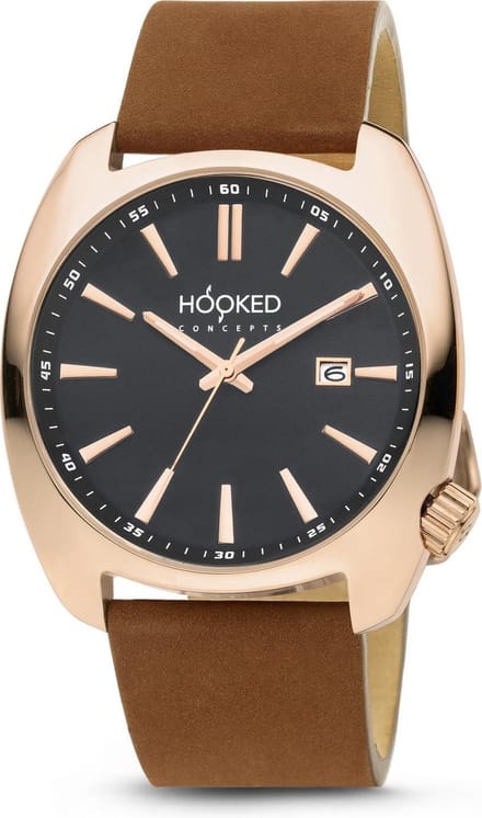 Hooked Concepts - Polshorloge - Rose Goud - Bruin Leer- 45 mm - HWR001M