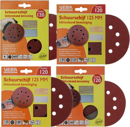 4 x 10 korrel P120 Schuurschijf klittenband set 4-delig - Ø125 mm