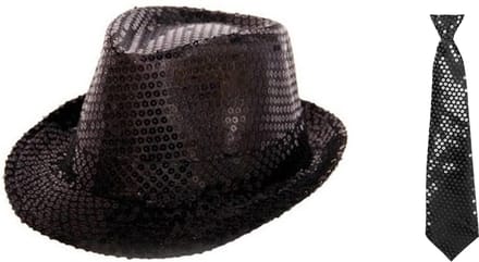 Folat - Verkleedkleding set - Glitter hoed/stropdas zwart volwassenen