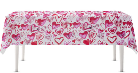 Excellent Houseware Hartjes tafelkleed - wit/rood/roze - 130 x 180 cm - polyester - Valentijn - liefde - romantisch - bruiloft