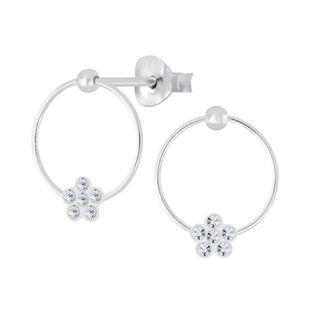 Joy|S - Zilveren cirkel oorbellen met bloem - kristal - 11 mm