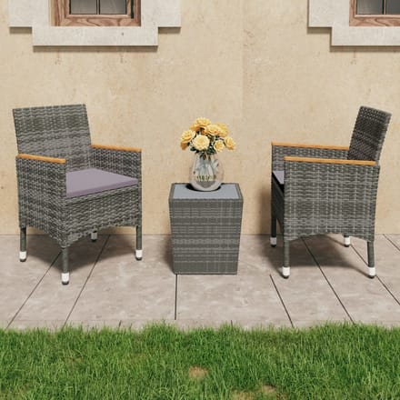 vidaXL - 3-delige - Bistroset - poly - rattan - en - gehard - glas - grijs