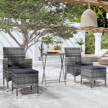 vidaXL - 5-delige - Bistroset - poly - rattan - en - gehard - glas - grijs