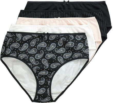 Ulla Popken - Dames - Midi-slips set van 5 paisley krijtstrepen/effen - Zwart - Maat 62+