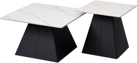 ExitoDesign MAVIA Serie - Witte Salontafelset - 2 Tafels - Kwartskomposiet Blad - Zwart Metalen Onderstel