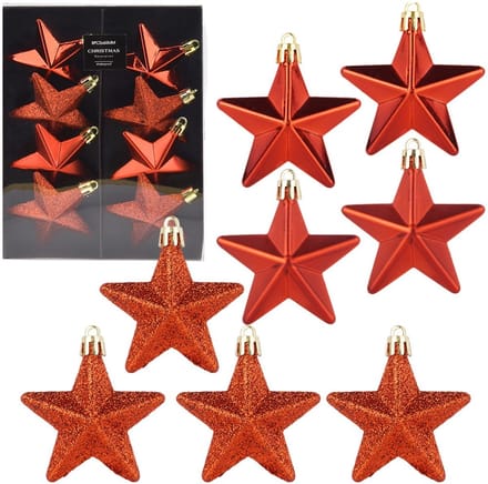 Kerstballen Set Onbreekbaar Sterren Rood 6,5 cm 8 stuks - Kerstdecoratie