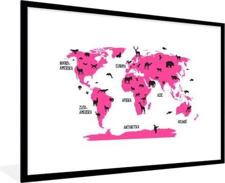 Wereldkaart Kinderen - Roze - Dieren - Schoolplaat - Kinderkamer - 90x60 cm