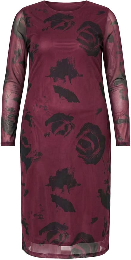 Studio Untold - Dames - Maxi-jurk Slim Shape mesh met motief lange mouwen - Bordeauxrood - Maat 46+