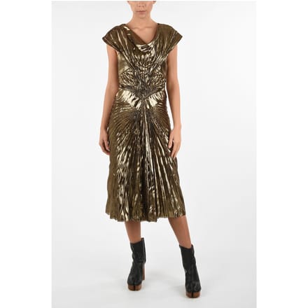 Metallic imitatieleren gedrapeerde empirejurk in goud