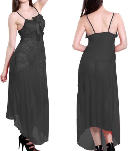Zwarte Nachtjapon met string (S622)- Taille unique : maat 38/52