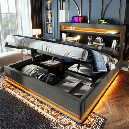 MODFU Bedframe 140x200 cm – Linnen grijs – Met LED, USB-C, opbergruimte & hoofdbord