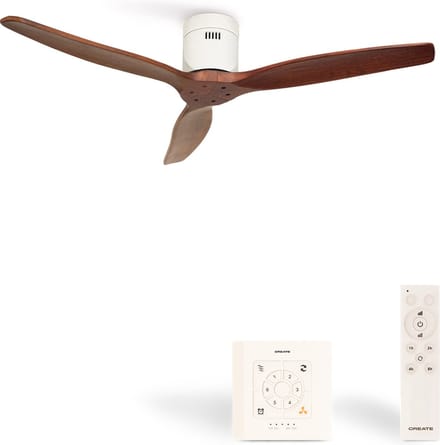 CREATE - Plafondventilator 40W silent Ø132 cm - Controller voor wandmontage - afstandsbediening - Wit Donker Hout- WIND CALM