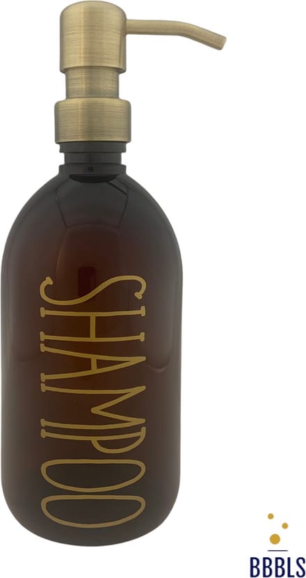 BBBLS® Design Dispenser "Shampoo" | Bruin Glas | 500ml | RVS / Metaal Pomp Goud | Zeeppomp | Zeepdispenser | Zeephouder