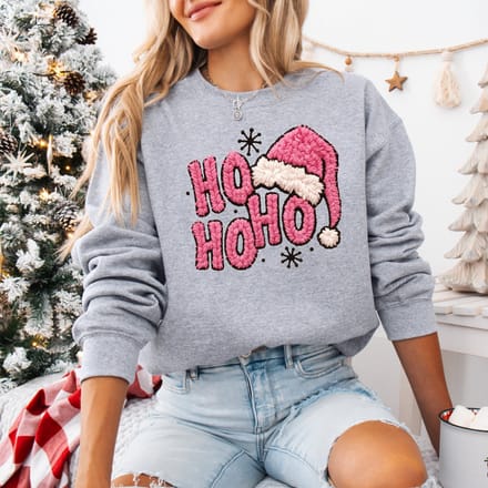 Grijze Kersttrui Maat M- Hohoho kerstmuts, Lijkt gehaakt- dames kerst sweater.