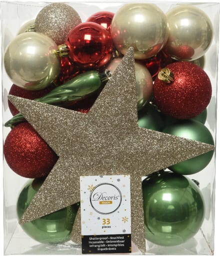 Decoris kerstballen set - 34-dlg - champagne/rood/groen - incl. piek - kunststof - kerstversiering