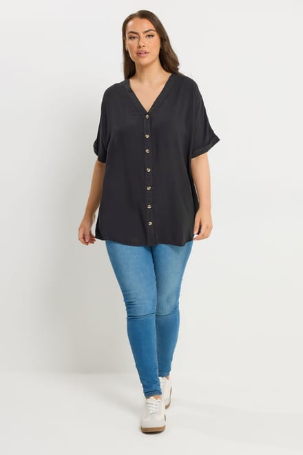 Yours Zwarte Chambray Blouse Met Knoopsluiting Size 44