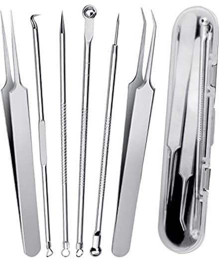 Mee-Eter Verwijderaar Set - 6 Stuks Acne Extractor Tool met Scherpe Pincet en Comedonenlepel