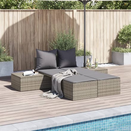 vidaXL - Ligbed - 2-persoons - met - kussens - poly - rattan - grijs