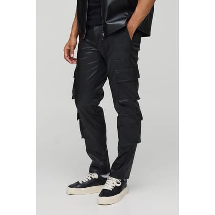 Vaste taille geplooide PU skinny cargo-broek | Black | Size 36