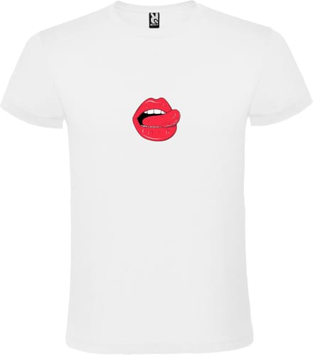 Wit T shirt met print van 'Mond met Tong' print Rood / Wit size L