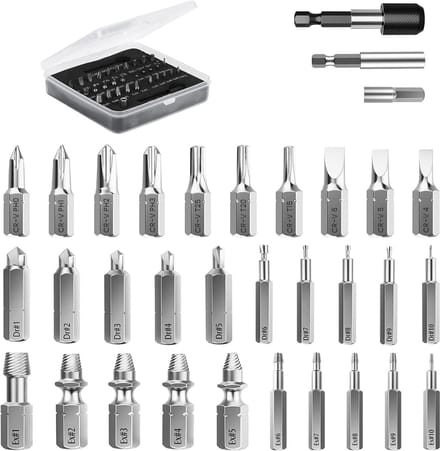 33 PCS Easy Out Stripped Screw Extractor Kit - All-purpose HSS Broken Screw Remover Set with Magnetic Extension Bit Holder - Socket Adapter Included