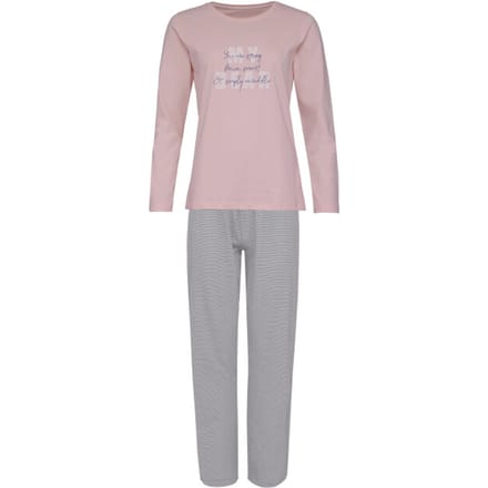 By Louise Dames Pyjama Set Lang Katoen Roze / Grijs Gestreept - Maat S