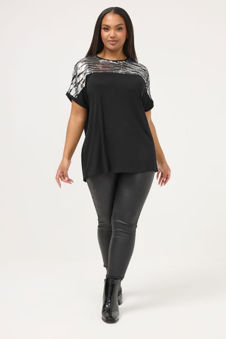 Yours Zwarte Top Met Pailletten En Dierenprint Size 48