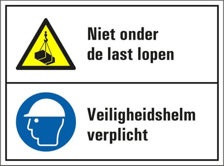 Niet onder last lopen en veiligheidshelm verplicht sticker 200 x 150 mm