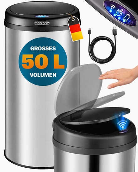Monzana Prullenbak - Automatisch Rond 50L 31x78cm Display Sensor - Zilver