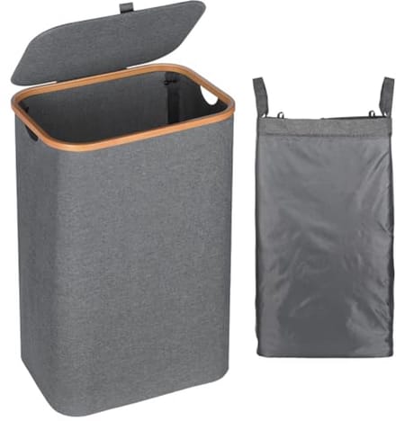 Vuile Wasmand Grijs 105 Liter - Bamboe Met Deksel - Ideaal Voor Badkamer