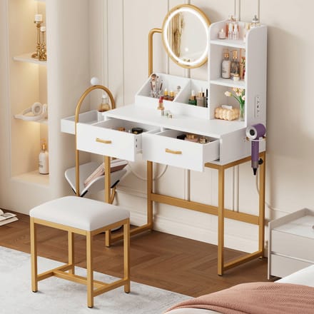 Sweiko Kaptafel - LED-verlichting - Draaibare spiegel - Kruk - 2 lades - 80 × 138.5 × 40 cm - Wit + Goud