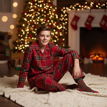 La-V Flanel pyjama set voor jongen met geruit patroon- Rood - 152-158