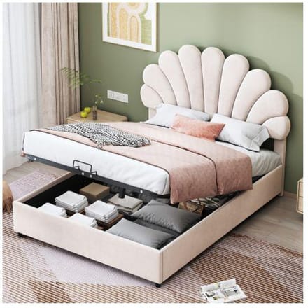 Lit capitonné - MUVOE - 140x200 cm - Tête de lit réglable - Rangement intégré - Velours beige beige