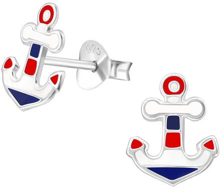 Joy|S - Zilveren anker oorbellen - 7 x 9 mm - blauw rood wit