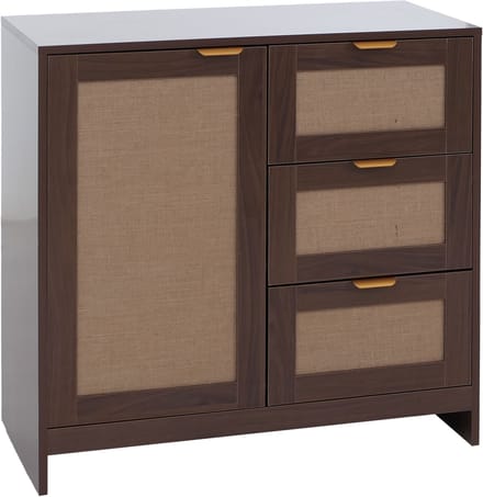Commode MCW-P50, kast, dressoir, highboard, lades, opbergruimte, MDF melamine linnenfront ~ walnootlook