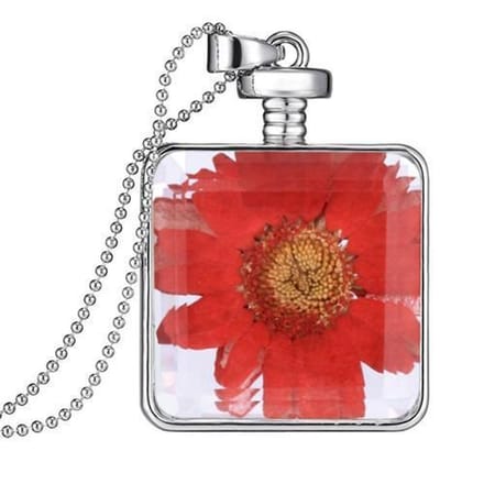 Fako Bijoux® - Ketting - Gedroogde Bloem - Vierkant - Zilverkleurig - Roze