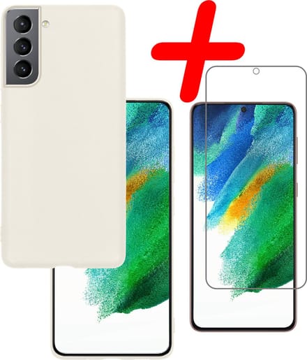 Hoesje Met Screenprotector - Geschikt voor Samsung Galaxy S21 FE - Sterk & Shockproof - Back Cover - Siliconen Case - Telefoon Hoes - Wit