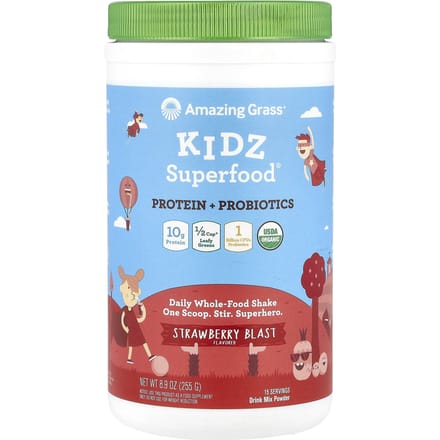 Amazing Grass, Kidz Superfood, Protéines + Probiotiques, Explosion de Fraise, 8,9 oz (255g)